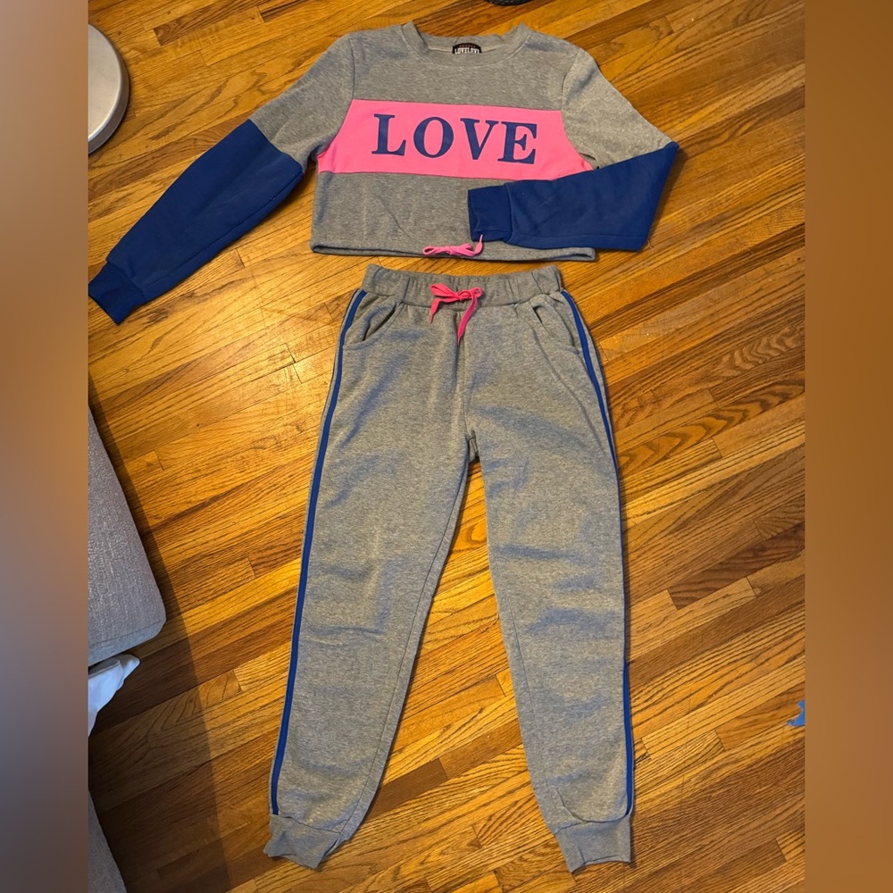 LoveLove Gray and Blue Jogger Set with Pink Accents